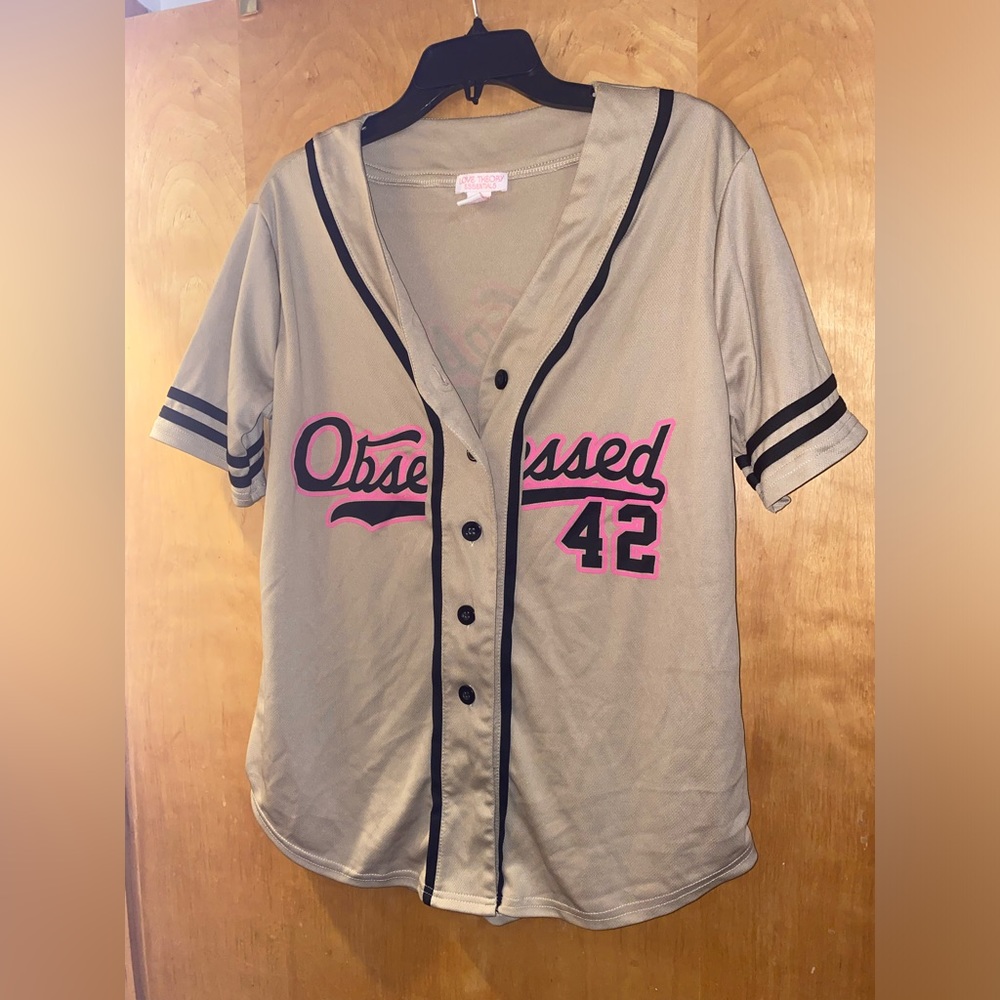 Tan & Pink Jersey Short Sleeve Button Up Top